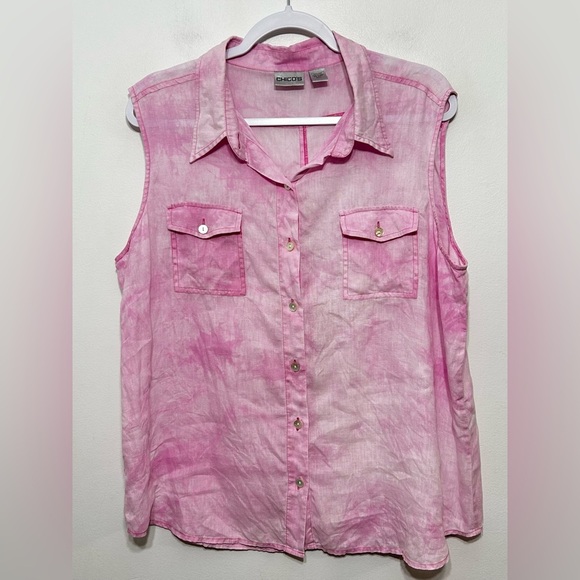 Chicos 100% Linen Tie Dye Sleeveless Button Up Shirt - Picture 1 of 6